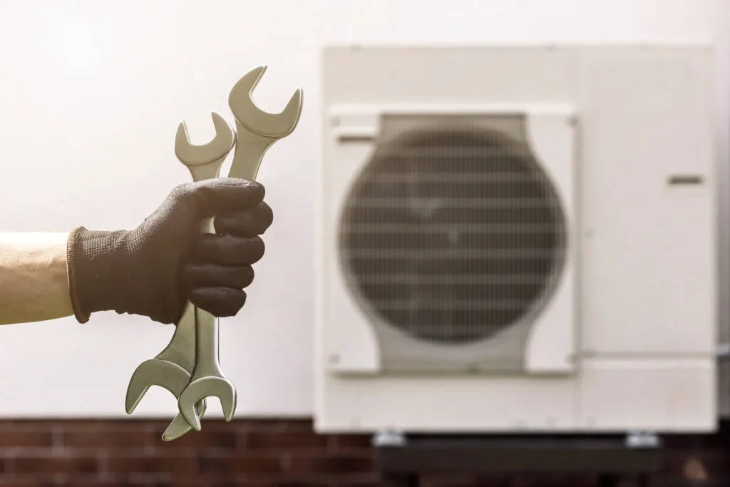 A close-up shot of a hand wearing a black glove, holding a cluster of three shiny open-ended wrenches, with a white, slightly blurred outdoor heat pump or air conditioning unit in the background.