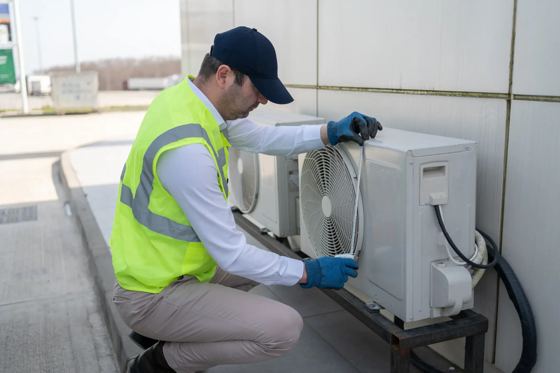 A male technician in a white t-shirt, blue overalls, and a blue baseball cap is working on an outdoor heat pump or air conditioning unit. He is holding a tool, possibly a wrench or screwdriver, and looking intently at the unit.