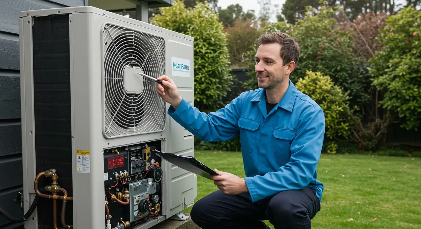 Technician inspecting outdoor residential heat pump unit.