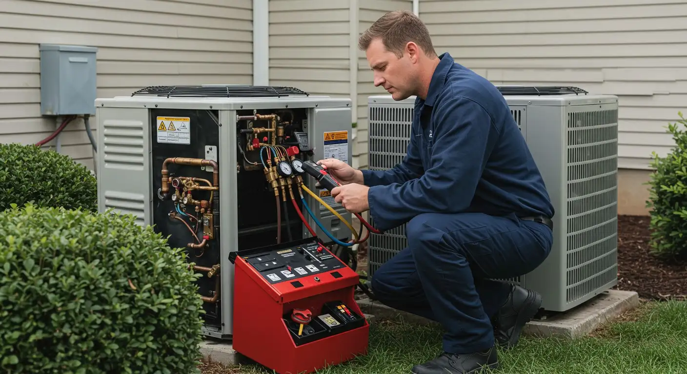 Technician gauges on residential Heat Pump unit.