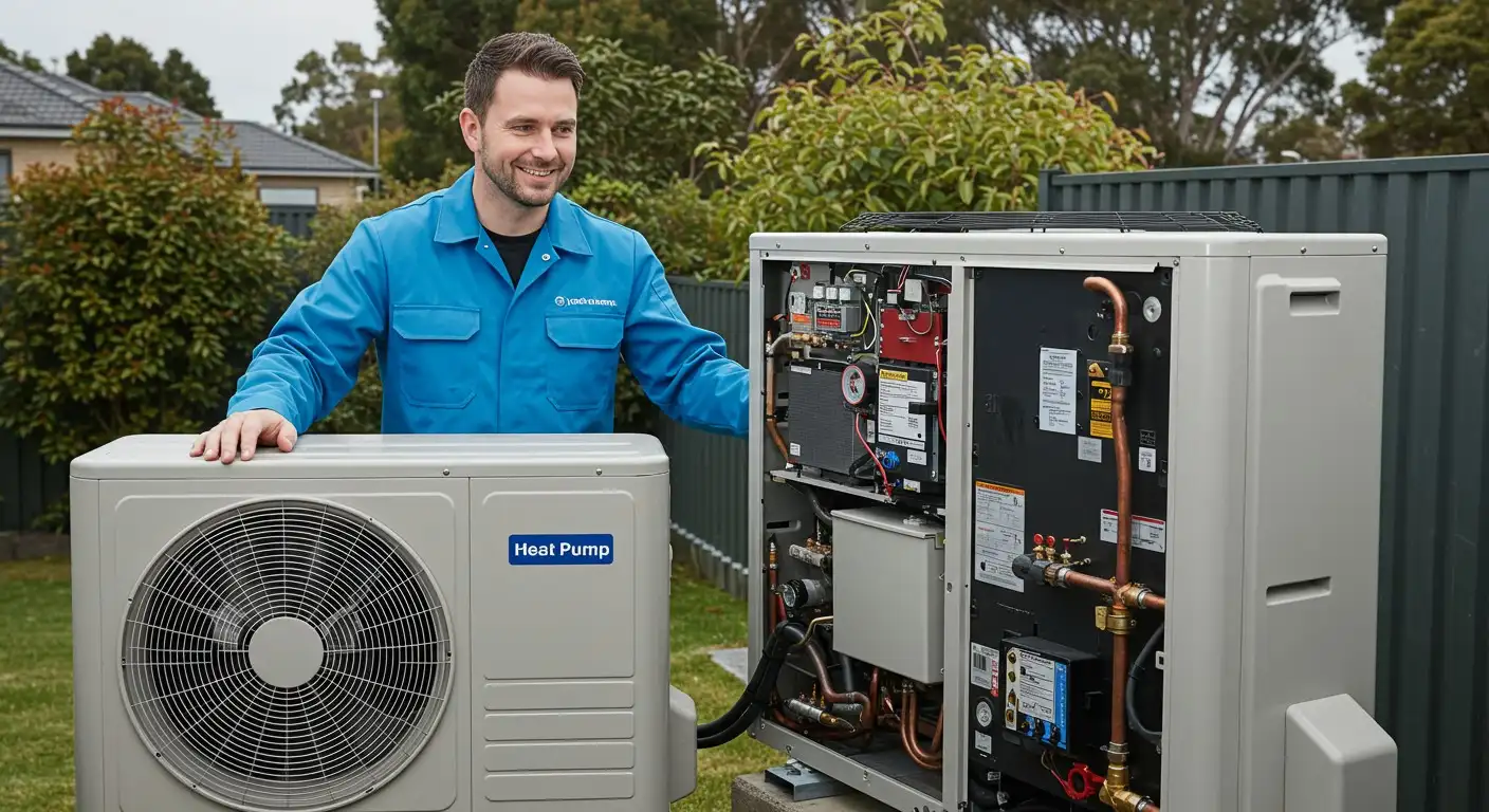 technician with exposed heat pump unit.