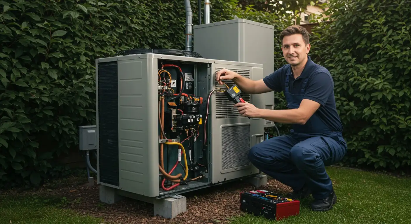 technician performing HVAC system maintenance outdoors.