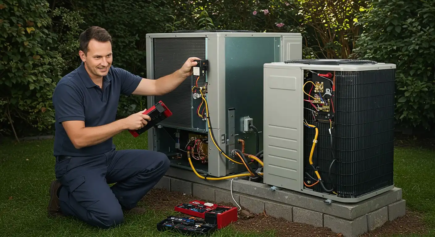 Technician checking dual HVAC units outdoors.
