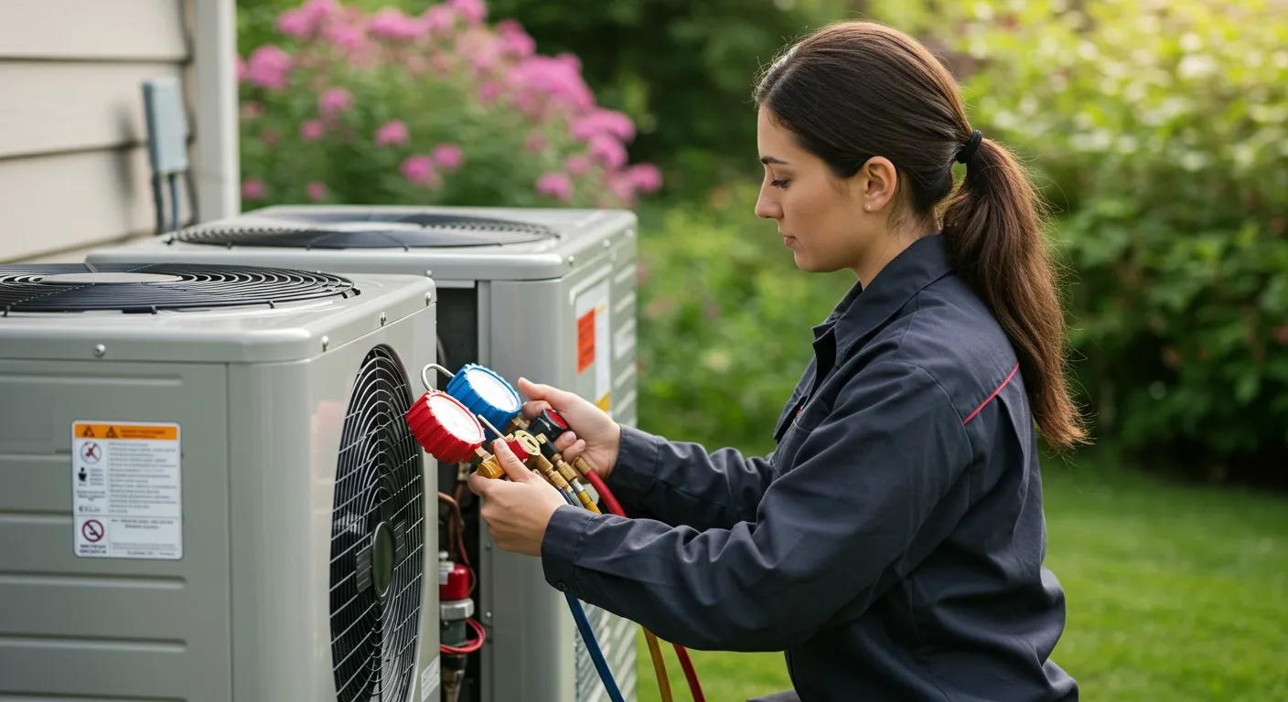 Female HVAC technician checking AC refrigerant levels.