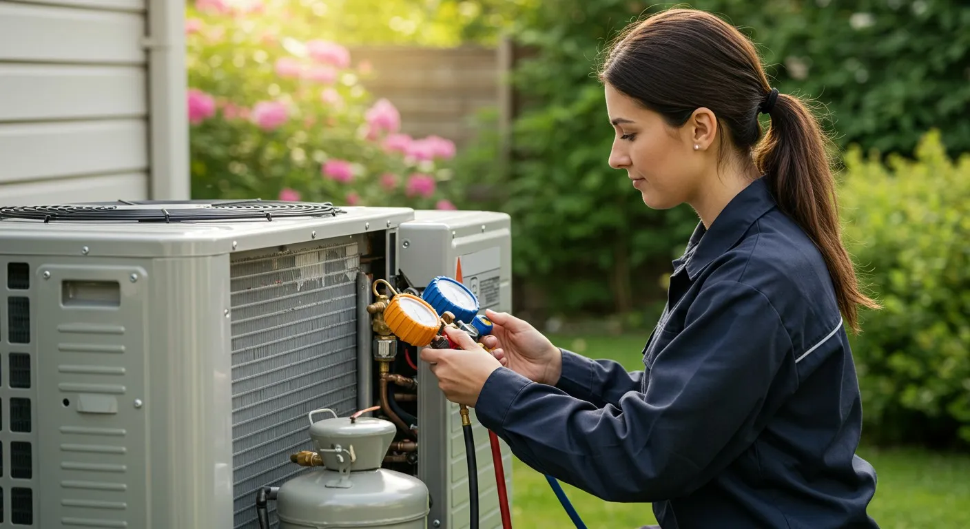 Female HVAC technician checking refrigerant with gauges.