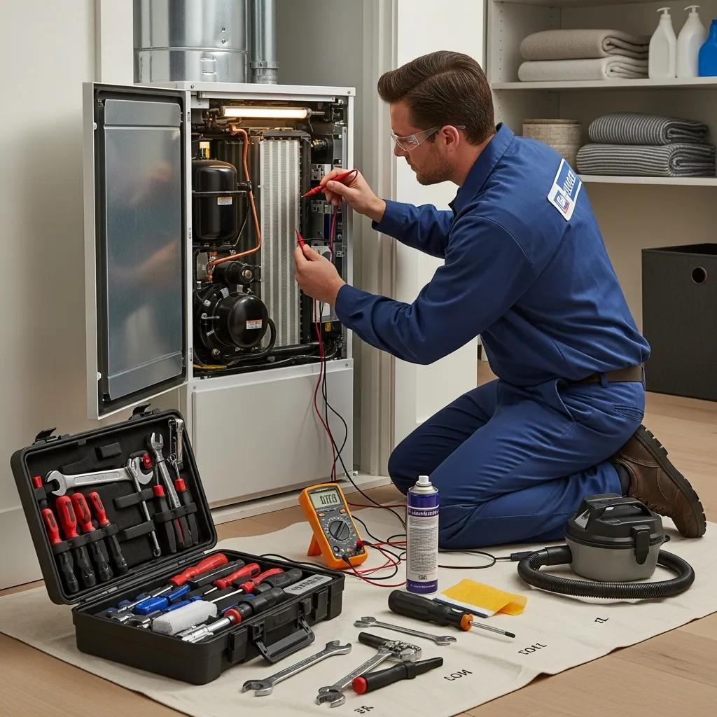 Seasonal Heat Pump Maintenance in Olympia, WA 3 HVAC technician performing maintenance on a heat pump, surrounded by tools and equipment, emphasizing the benefits of professional care for optimal efficiency and system longevity.