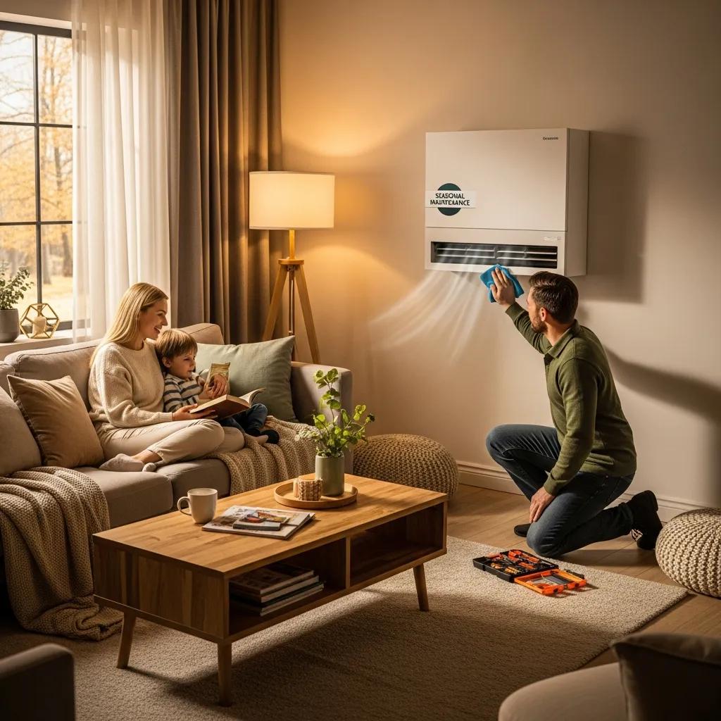 HVAC Blog 13 Modern heat pump system in a cozy living room, highlighting seasonal maintenance importance
