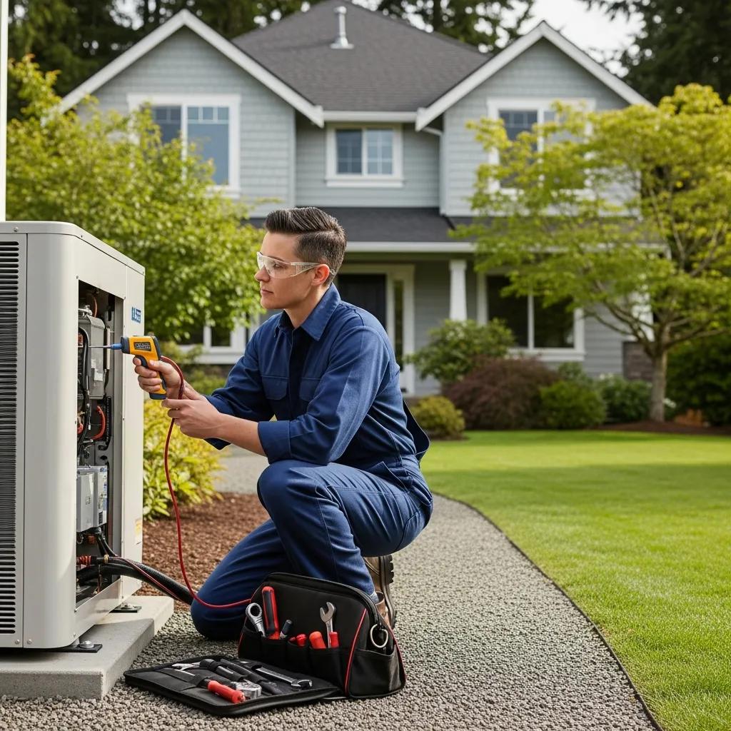 Seasonal Heat Pump Maintenance in Olympia, WA 2 Technician inspecting a heat pump unit outdoors, illustrating the importance of seasonal maintenance for efficiency and reliability in Olympia homes.