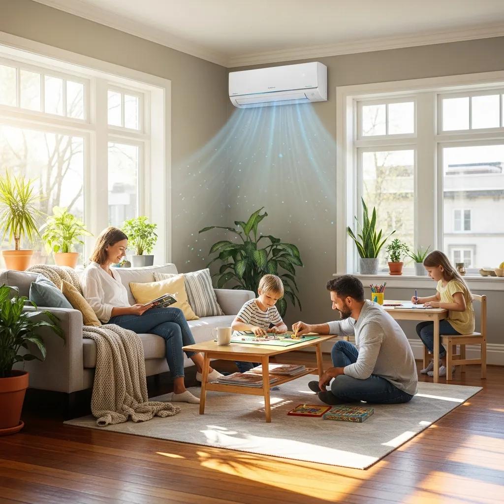HVAC Blog 14 Family enjoying a comfortable living room with a modern air conditioning unit, emphasizing the benefits of regular AC maintenance and indoor comfort.