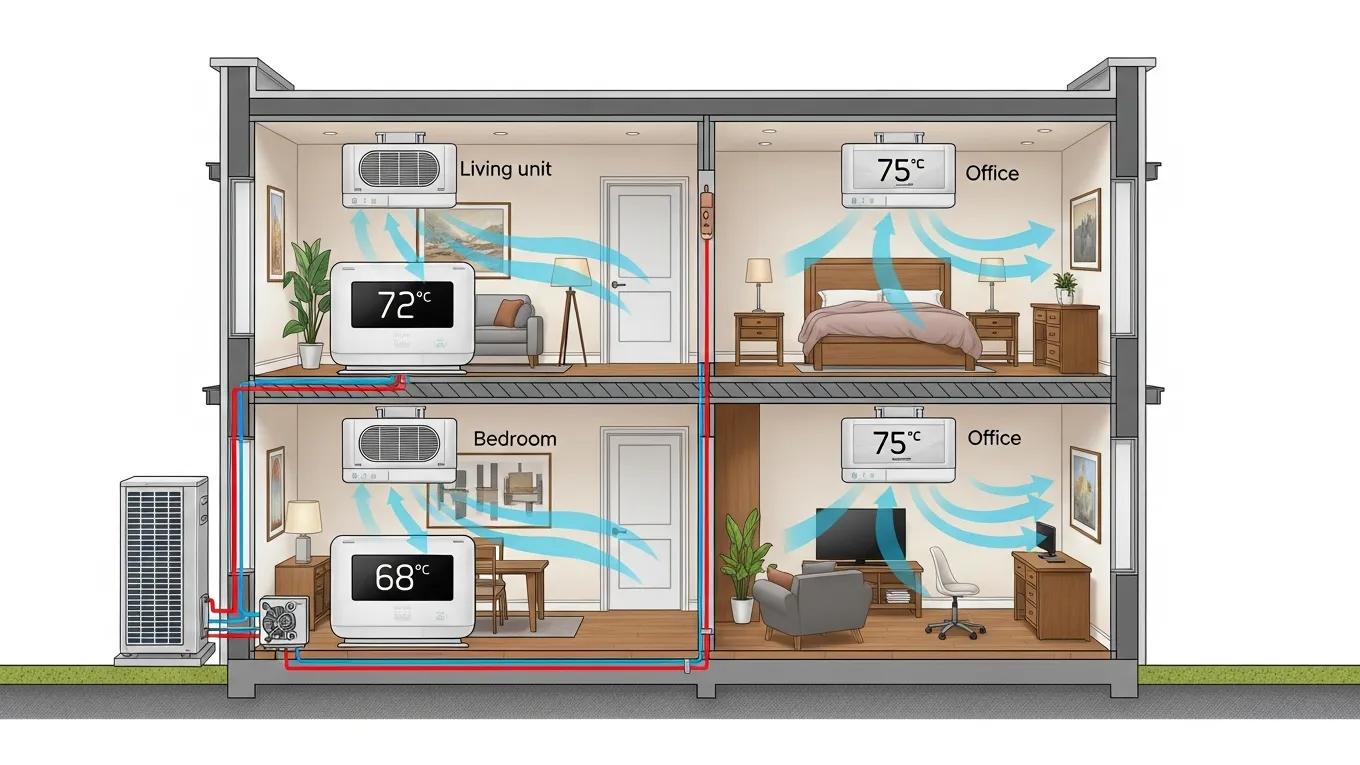 Top Benefits of Ductless Mini-Split Systems 2 Illustration of ductless mini-split system showing flexible zoning in a home with multiple temperature settings